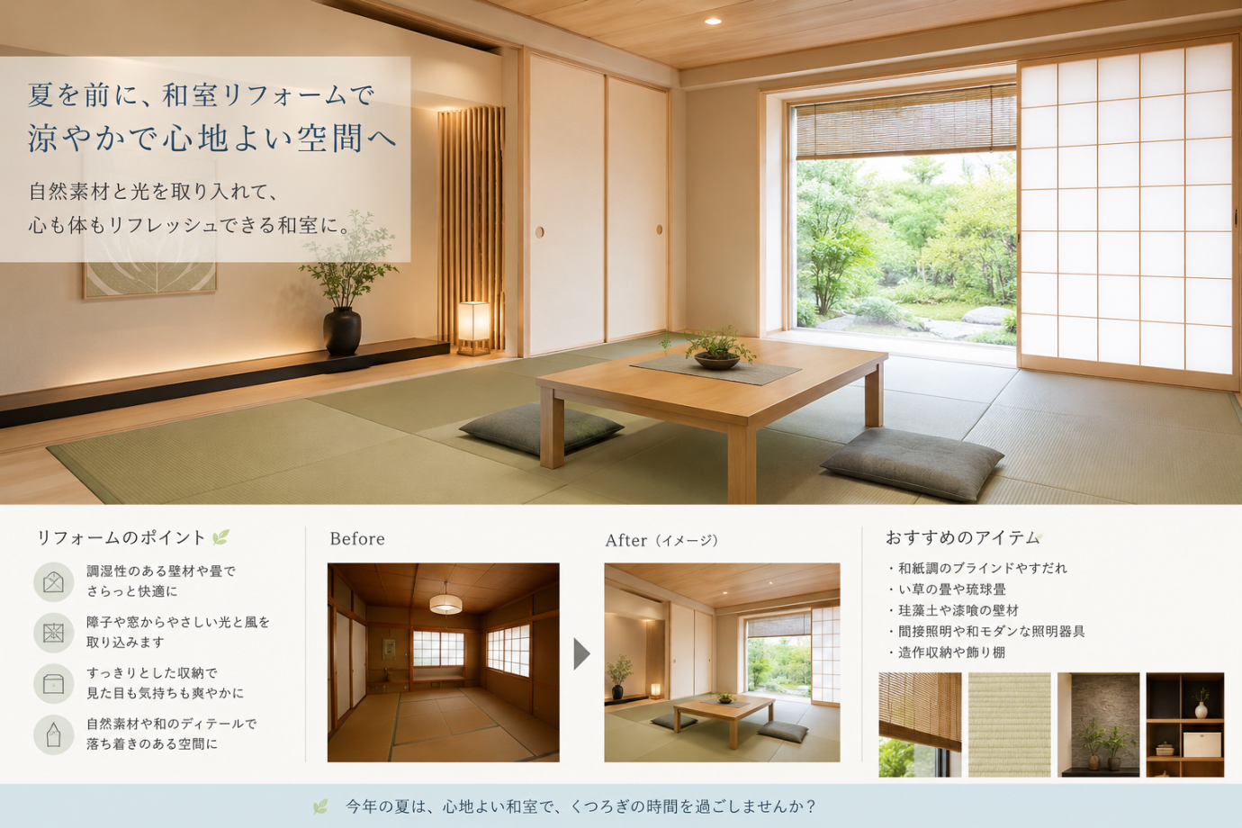 そろそろ夏を前にさわやかな和室空間にリフレッシュいかがでしょうか。